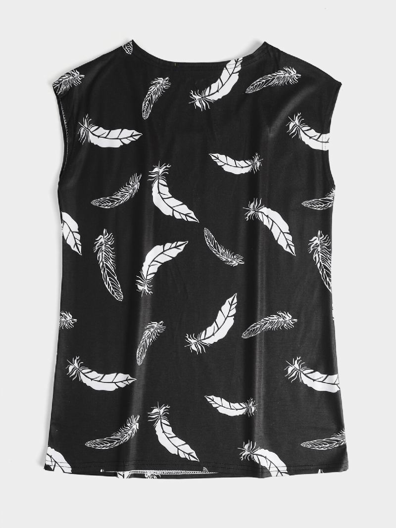 Feather Print Rund Hals Ærmeløs Løs Kvinder Casual Tank Top