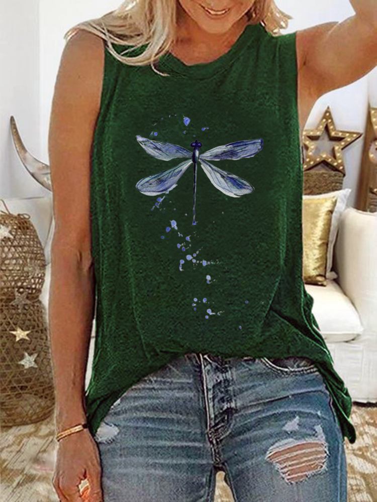 Kvinder Dragonfly Print Ærmeløse Casual Tank Tops