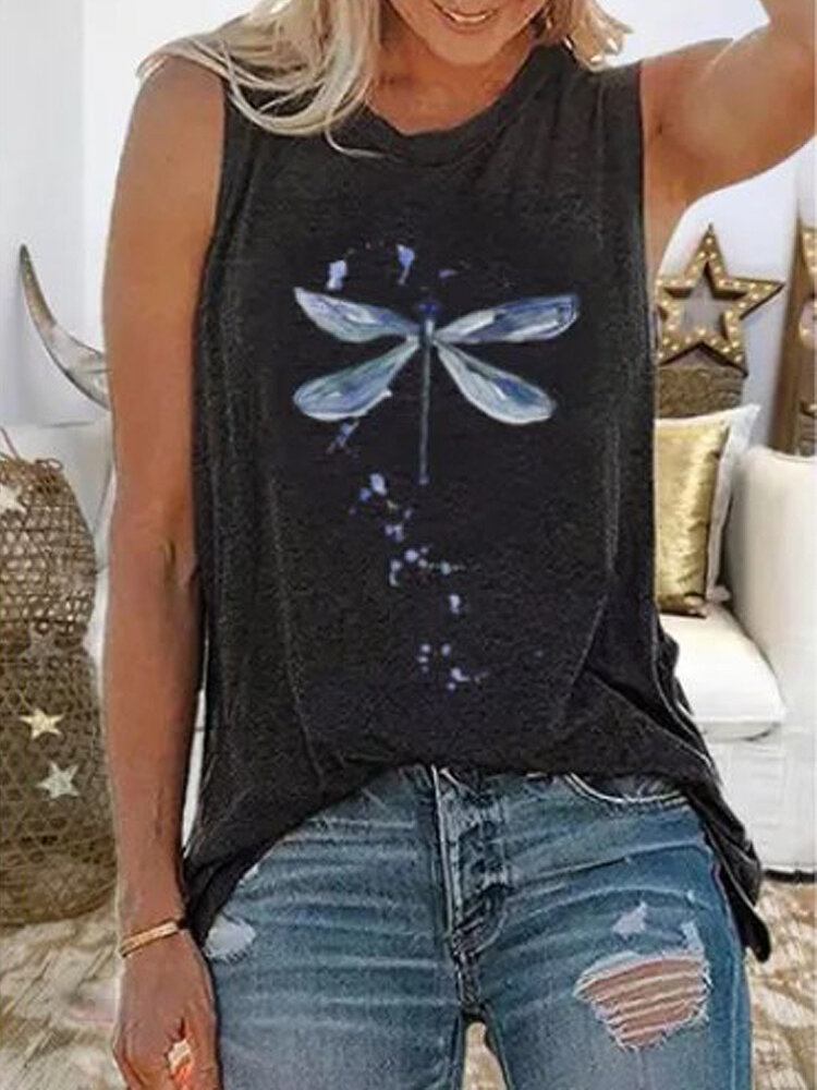 Kvinder Dragonfly Print Ærmeløse Casual Tank Tops