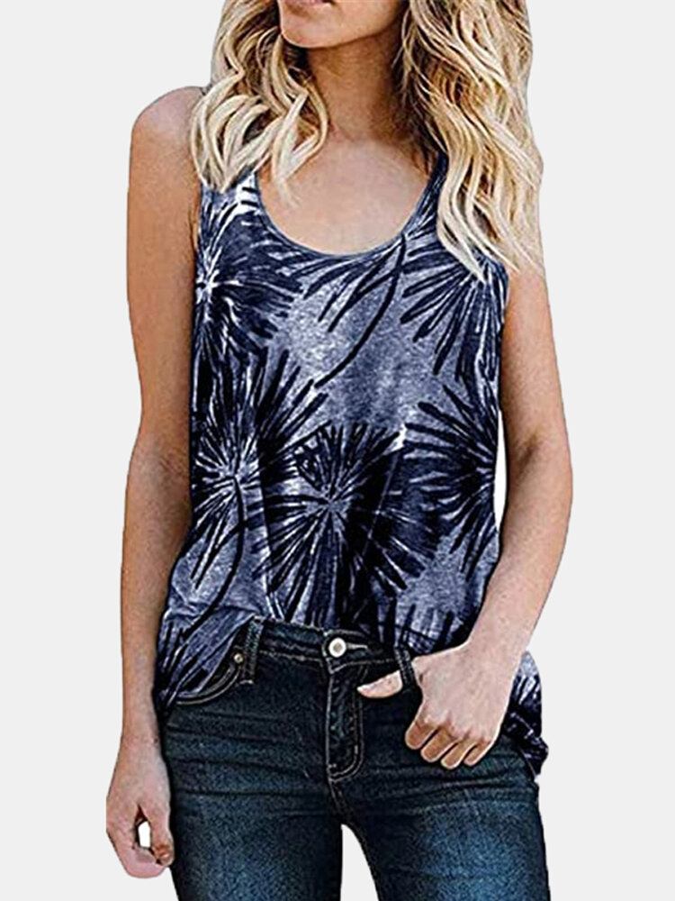 Kvinder Plant Print Ærmeløs Rundhals Holiday Casual Tank Top