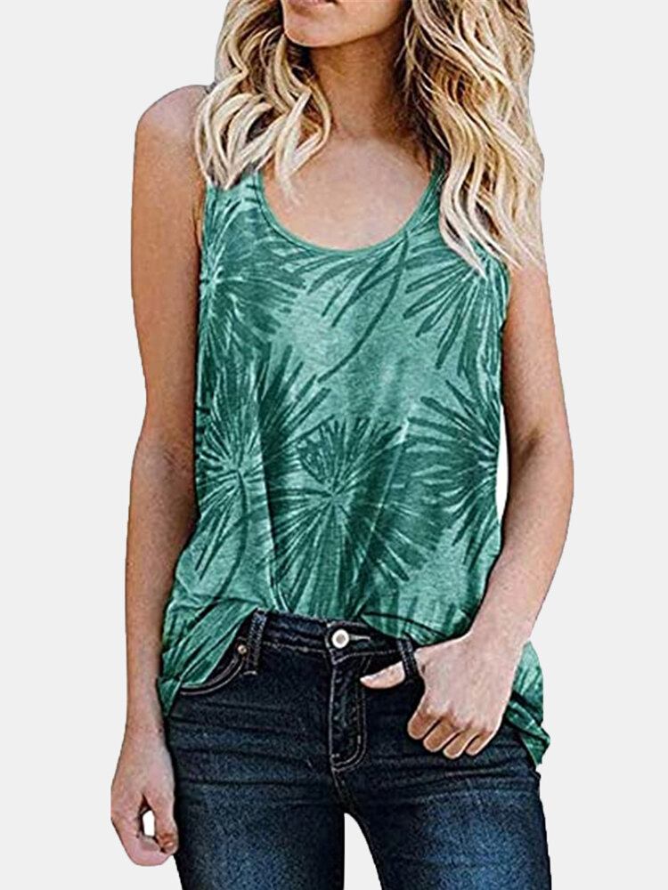 Kvinder Plant Print Ærmeløs Rundhals Holiday Casual Tank Top