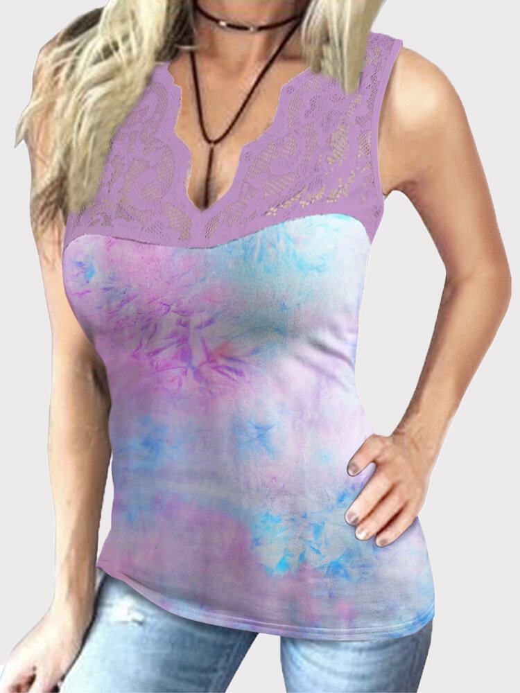 Lace Patchwork Tie-dye Print V-hals Ærmeløs Slim Tanktop