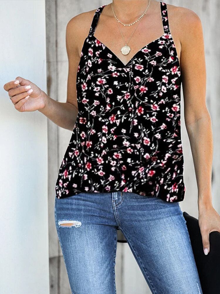 Sort Blomsterprint Halter V-hals Ærmeløs Tank Top