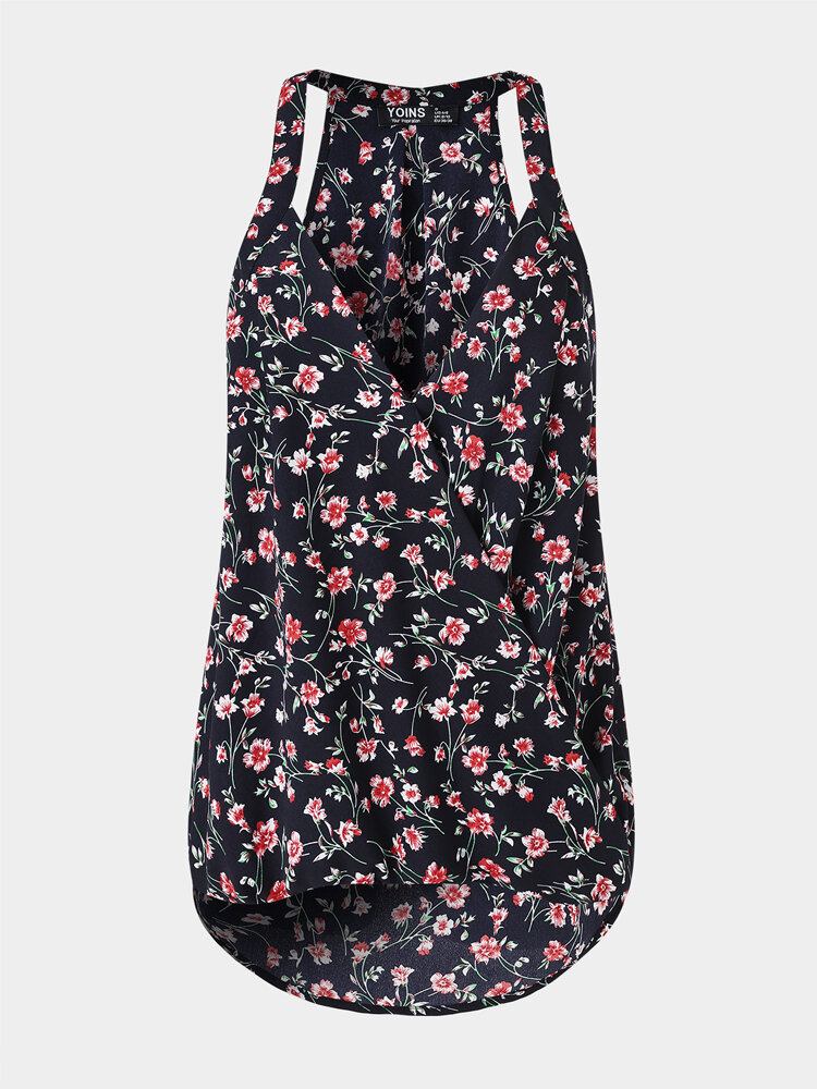 Sort Blomsterprint Halter V-hals Ærmeløs Tank Top