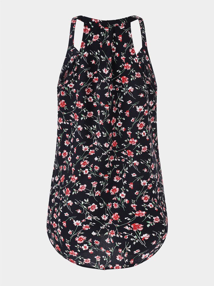 Sort Blomsterprint Halter V-hals Ærmeløs Tank Top