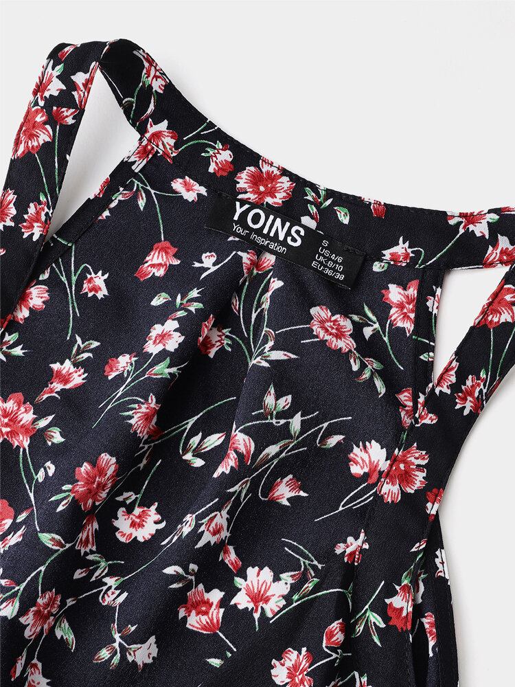 Sort Blomsterprint Halter V-hals Ærmeløs Tank Top