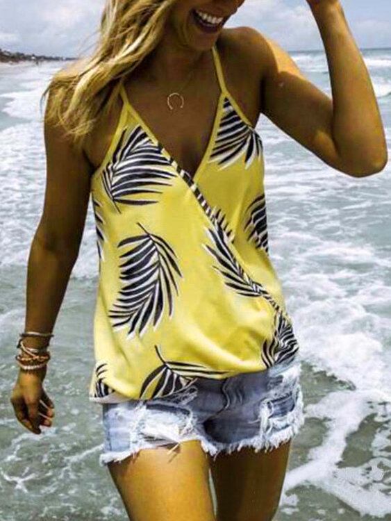 Tropical Plant Print V-hals Ærmeløse Summer Hawaii Tank Tops