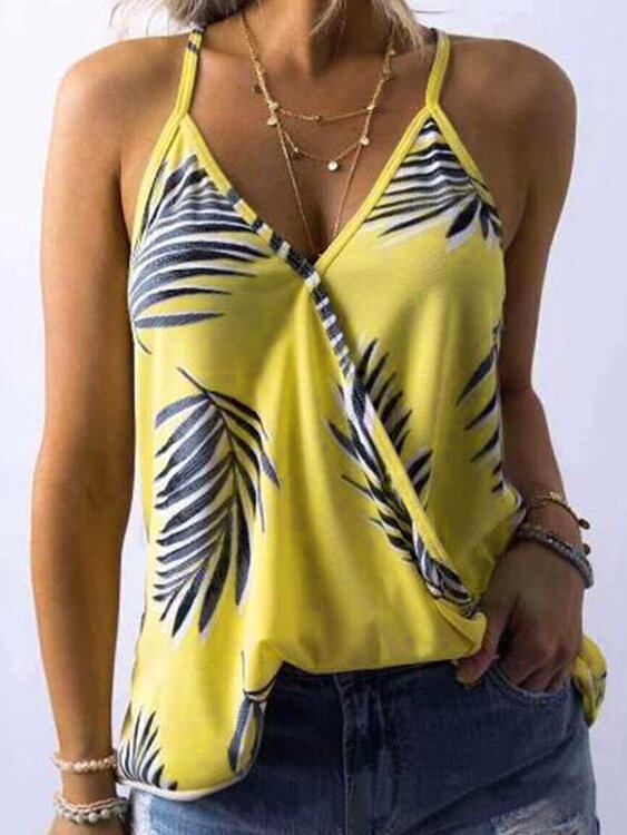 Tropical Plant Print V-hals Ærmeløse Summer Hawaii Tank Tops