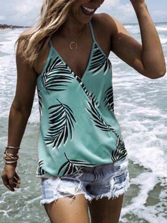 Tropical Plant Print V-hals Ærmeløse Summer Hawaii Tank Tops