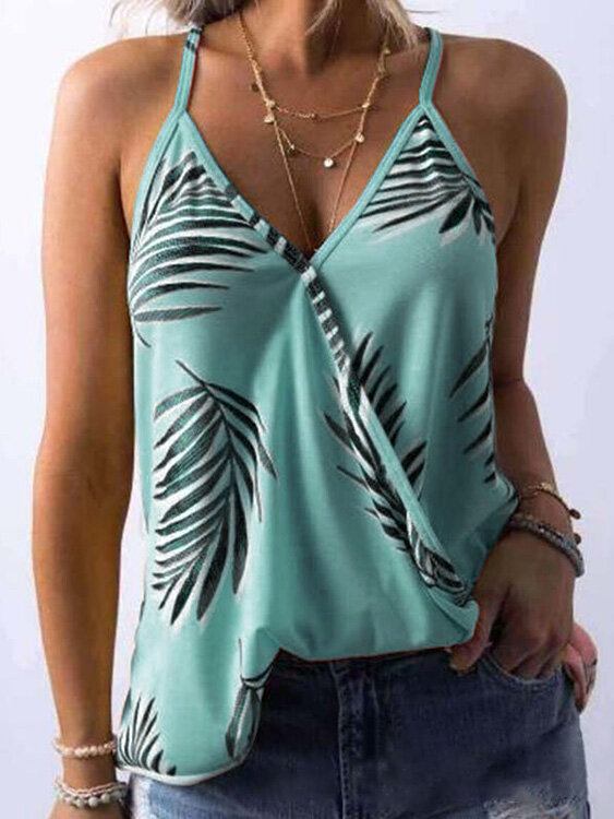 Tropical Plant Print V-hals Ærmeløse Summer Hawaii Tank Tops