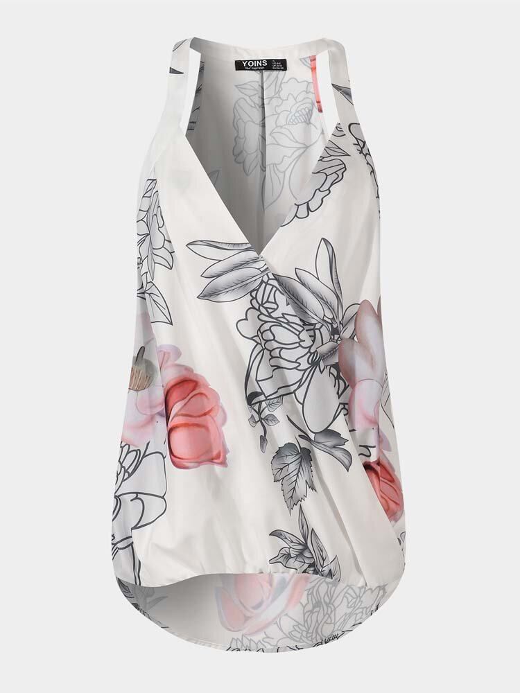 Vintage Blomsterprint Halter V-hals Ærmeløs Wrap Tank Top