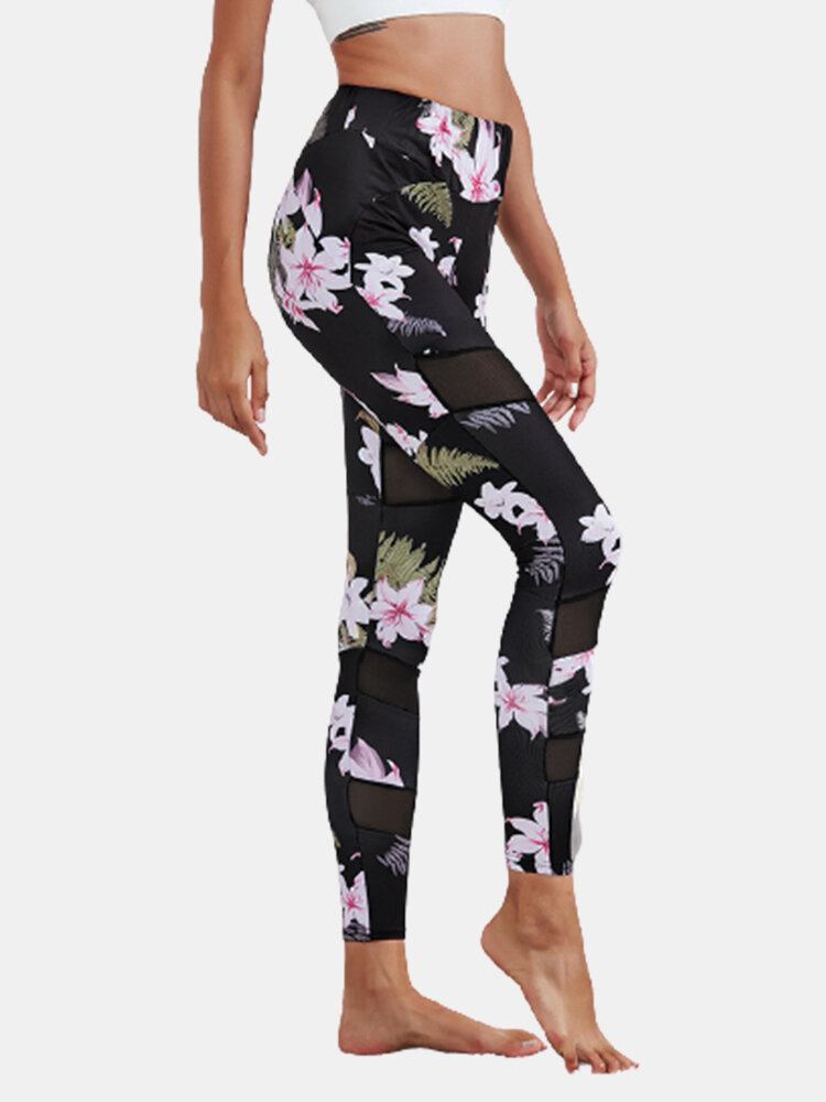 Blomsterprint Mesh Patchwork Sport Yoga Leggings Til Kvinder