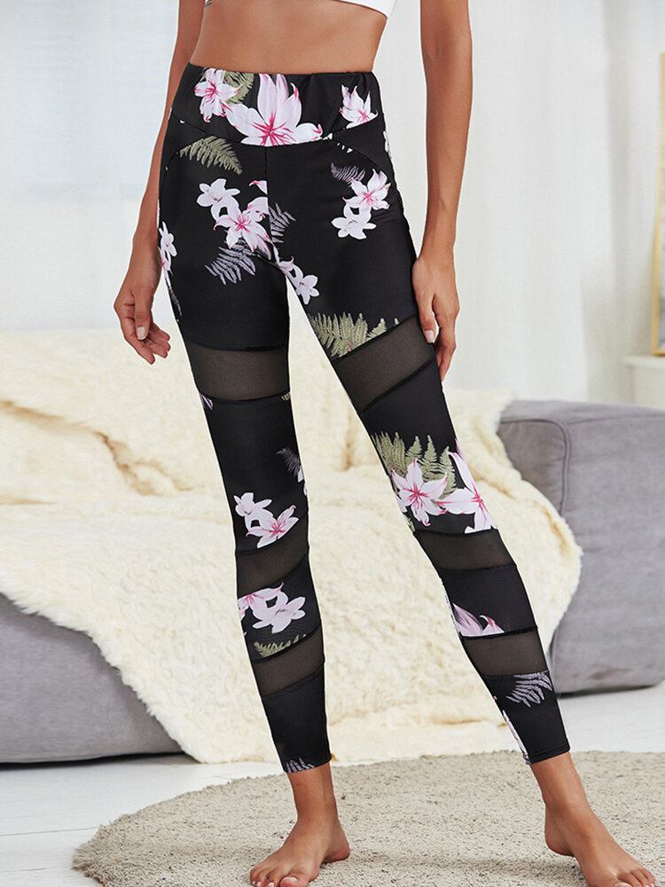 Blomsterprint Mesh Patchwork Sport Yoga Leggings Til Kvinder