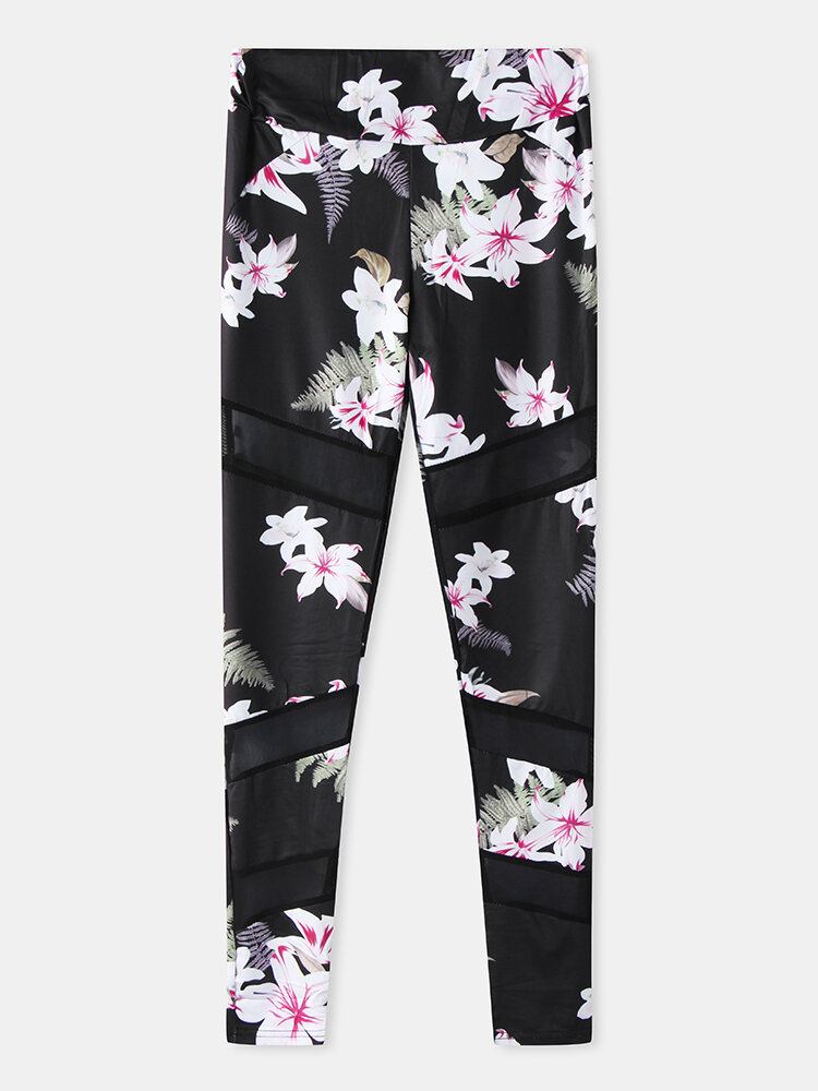 Blomsterprint Mesh Patchwork Sport Yoga Leggings Til Kvinder