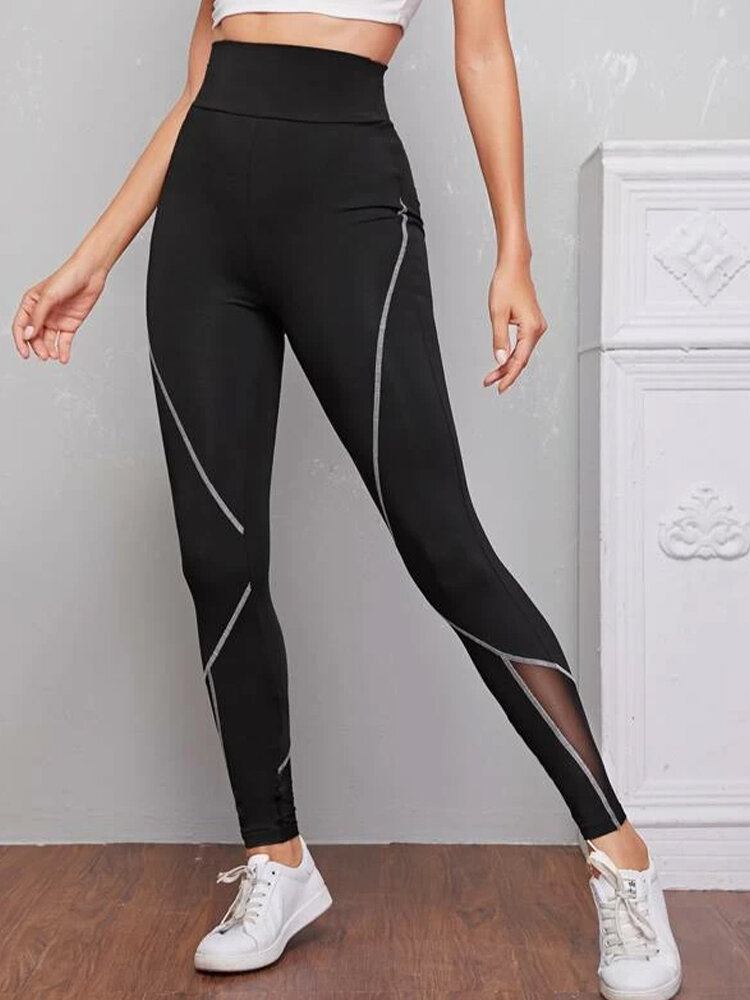 Dame Patch Line Print Elastisk Talje Bodycon Sport Casual Leggings