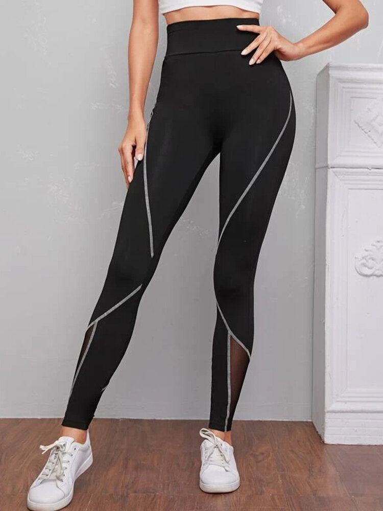 Dame Patch Line Print Elastisk Talje Bodycon Sport Casual Leggings