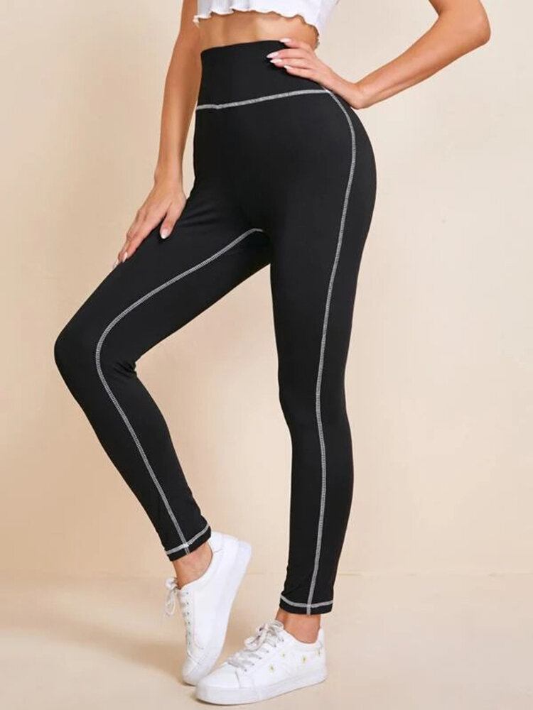 Kvinder Ensfarvet Højtaljet Topstitch Yoga Leggings