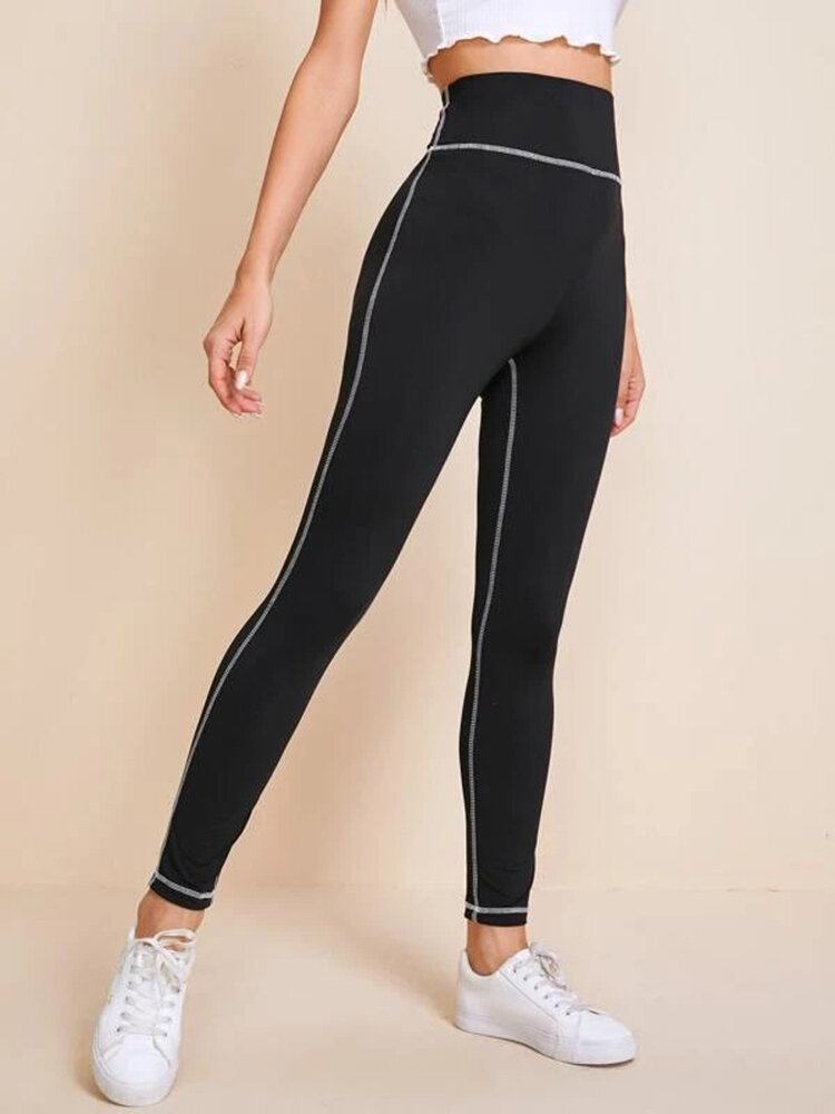 Kvinder Ensfarvet Højtaljet Topstitch Yoga Leggings