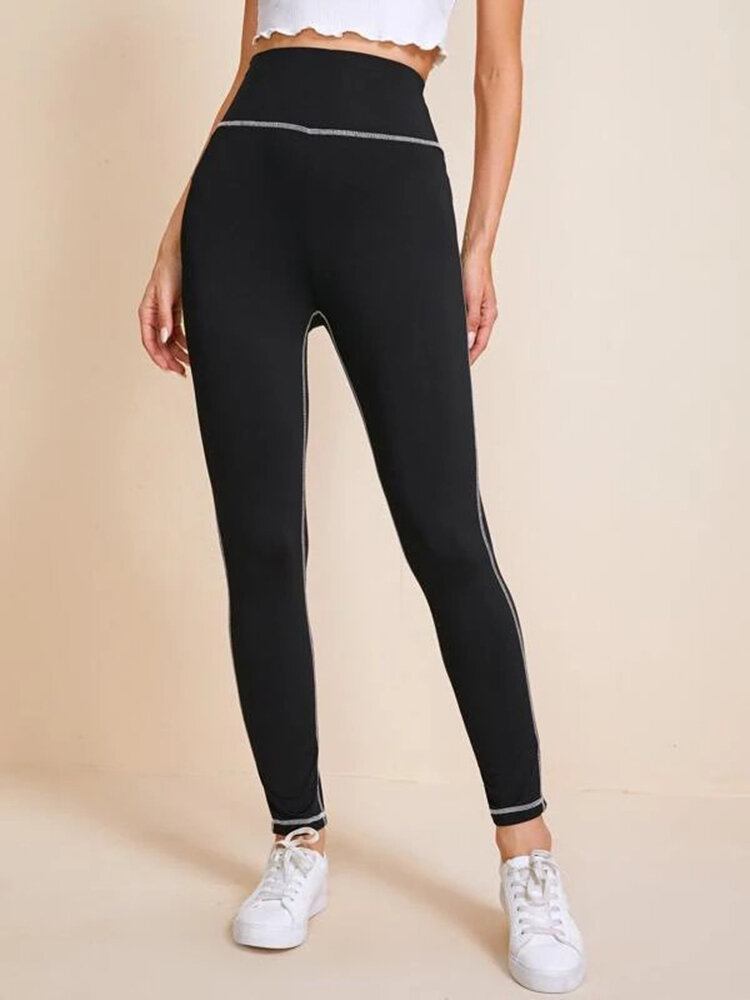 Kvinder Ensfarvet Højtaljet Topstitch Yoga Leggings