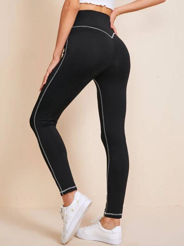 Kvinder Ensfarvet Højtaljet Topstitch Yoga Leggings