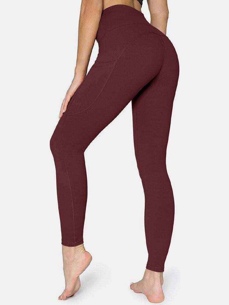 Kvinder Ensfarvet Sidelomme Hip Lift Sport Yoga Legging