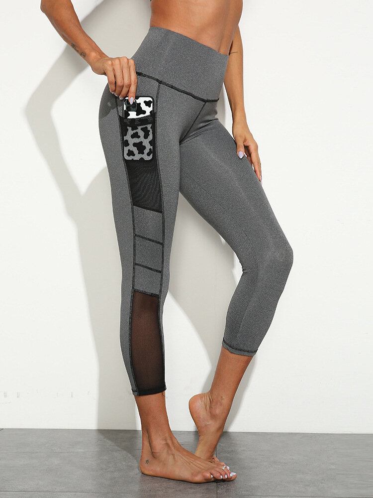 Kvinder Ensfarvet Topstitch Sidelomme Højtalje Yoga Sport Leggings