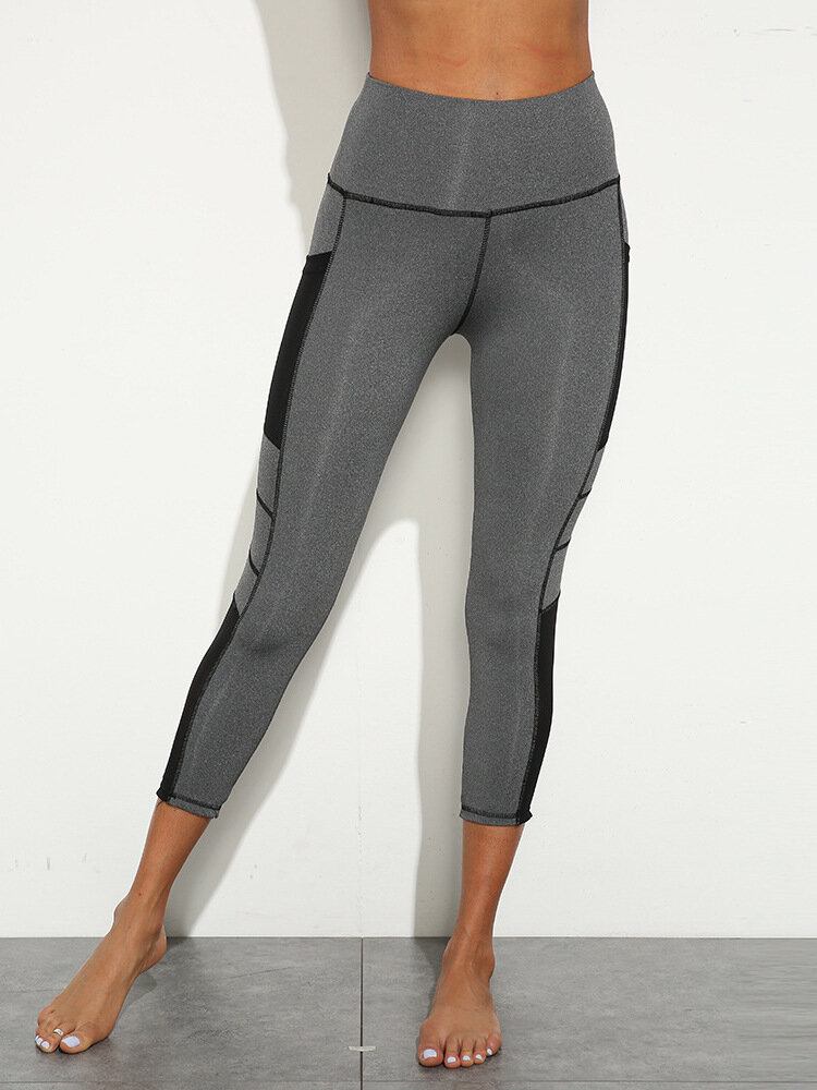 Kvinder Ensfarvet Topstitch Sidelomme Højtalje Yoga Sport Leggings