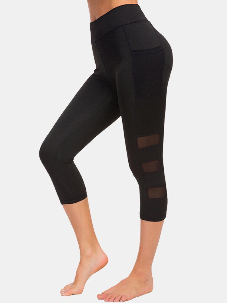 Kvinder Mesh Patchwork Bodycon Cropped Yoga Sport Leggings Med Lommer