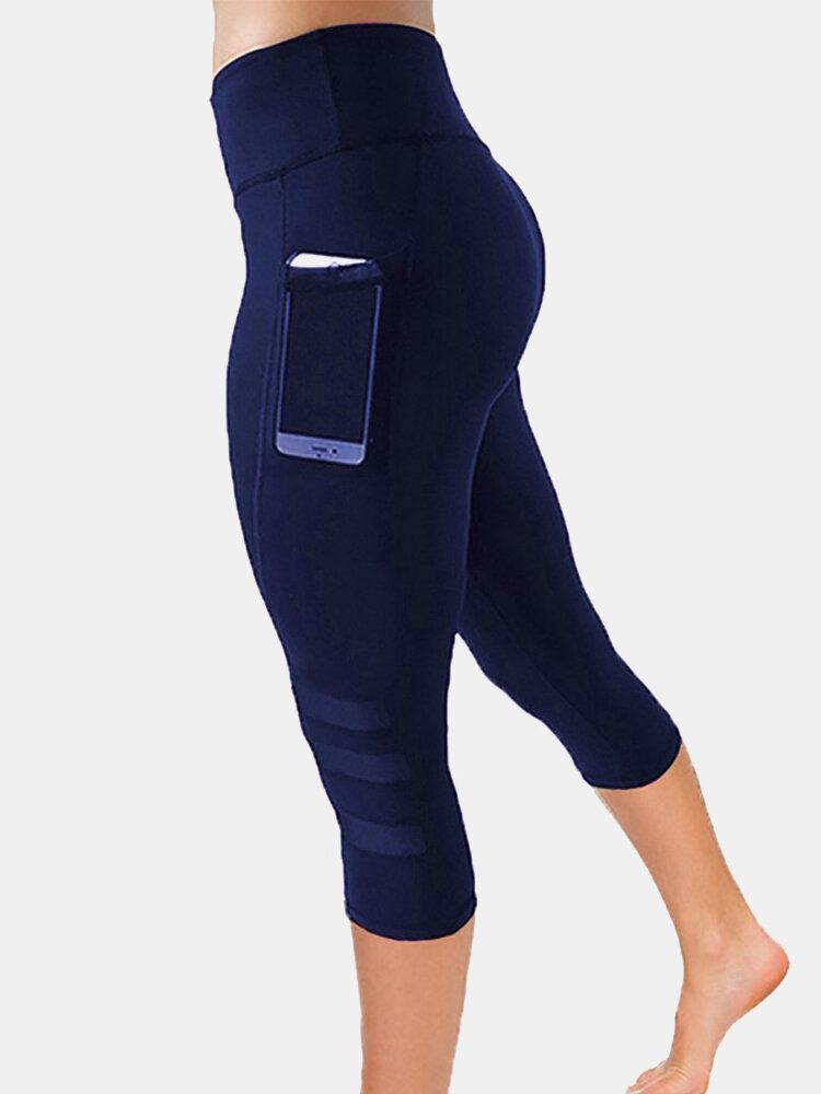 Kvinder Mesh Patchwork Bodycon Cropped Yoga Sport Leggings Med Lommer