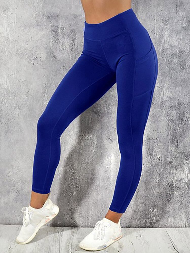 Kvinder Solid Color Pocket Yoga Sport Bodycon Leggings