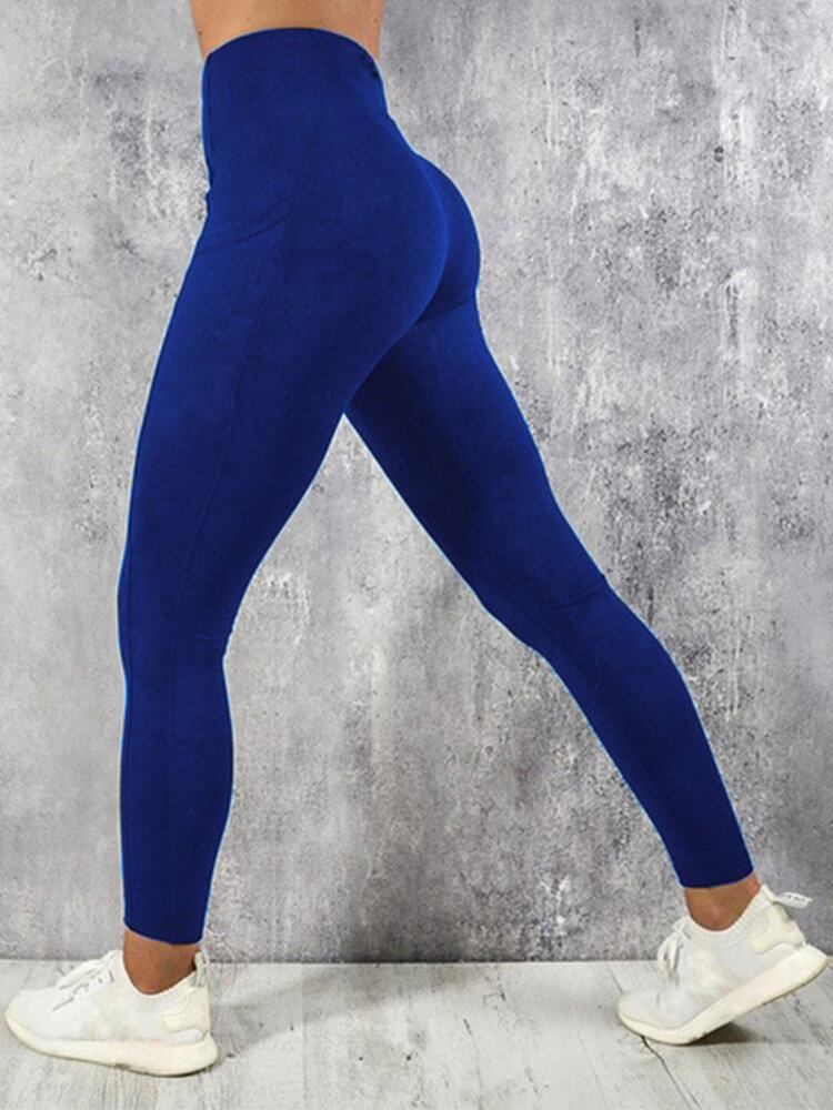 Kvinder Solid Color Pocket Yoga Sport Bodycon Leggings