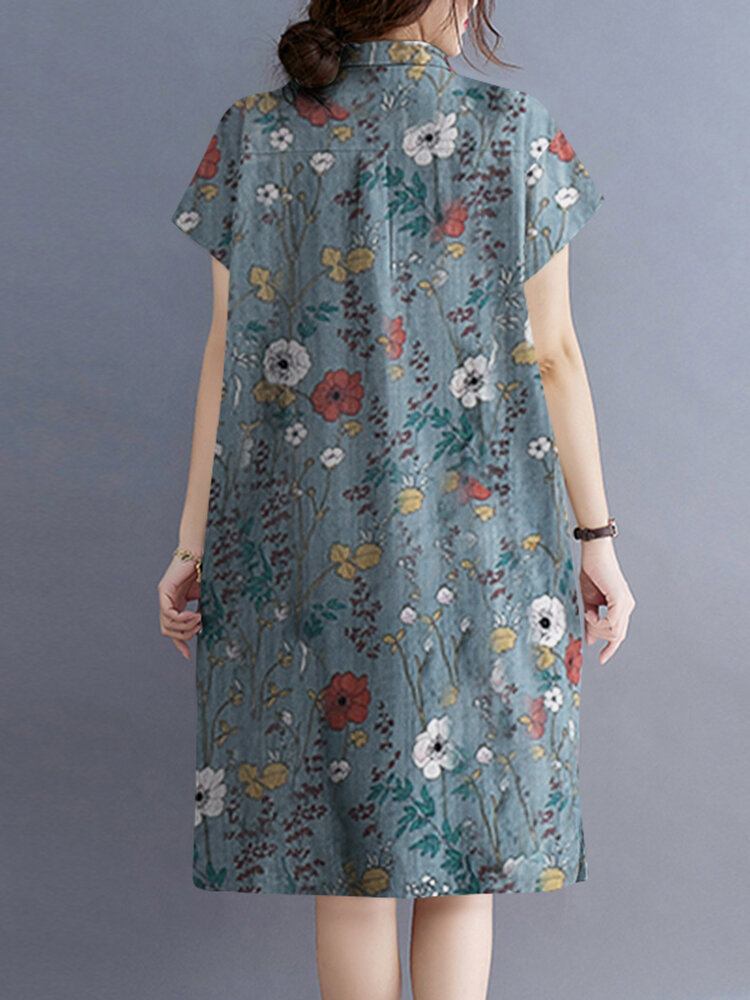 Blomster Abstrakt Painted Print Button Pocket Lapel Midi Dress