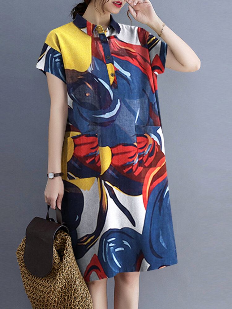 Blomster Abstrakt Painted Print Button Pocket Lapel Midi Dress