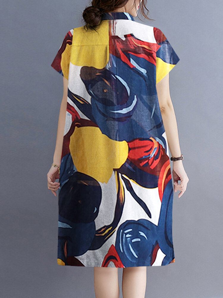 Blomster Abstrakt Painted Print Button Pocket Lapel Midi Dress