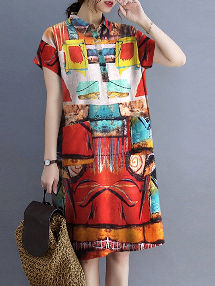 Blomster Abstrakt Painted Print Button Pocket Lapel Midi Dress