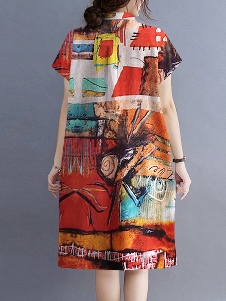 Blomster Abstrakt Painted Print Button Pocket Lapel Midi Dress