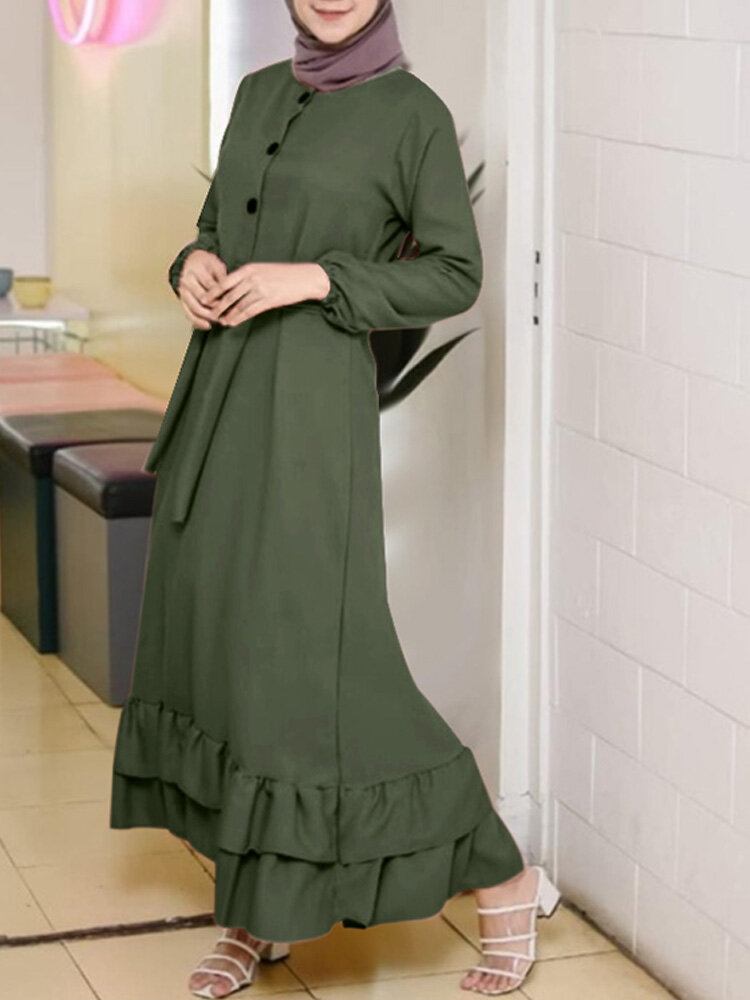 Dame Langærmede Solid Flæser Hem Abaya Kaftan Pleats Knap Midi Kjoler