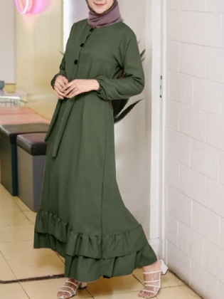 Dame Langærmede Solid Flæser Hem Abaya Kaftan Pleats Knap Midi Kjoler