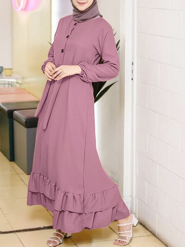 Dame Langærmede Solid Flæser Hem Abaya Kaftan Pleats Knap Midi Kjoler