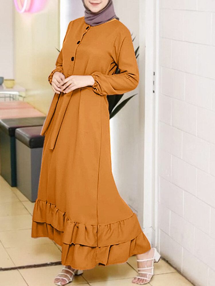 Dame Langærmede Solid Flæser Hem Abaya Kaftan Pleats Knap Midi Kjoler