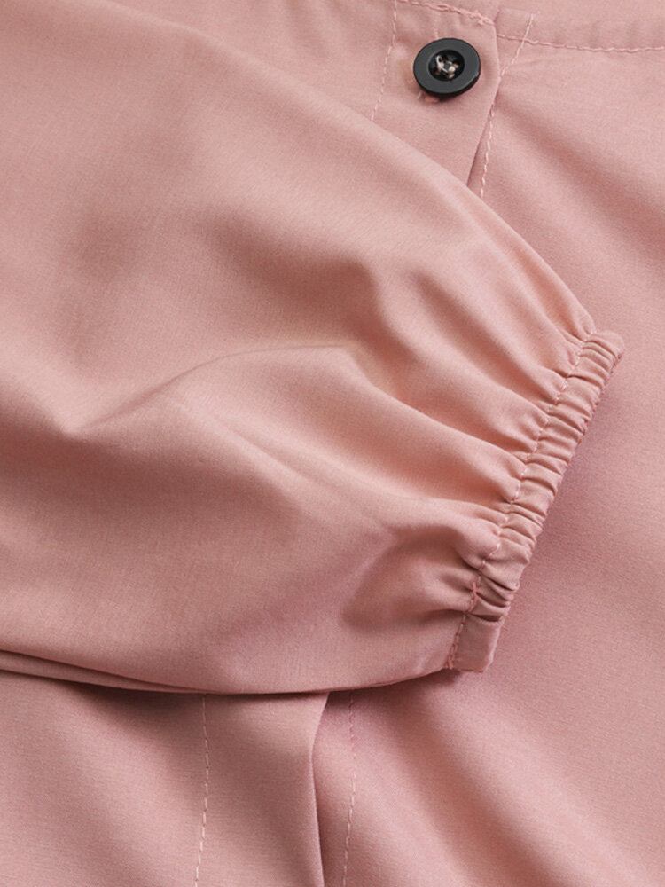 Dame Langærmede Solid Flæser Hem Abaya Kaftan Pleats Knap Midi Kjoler