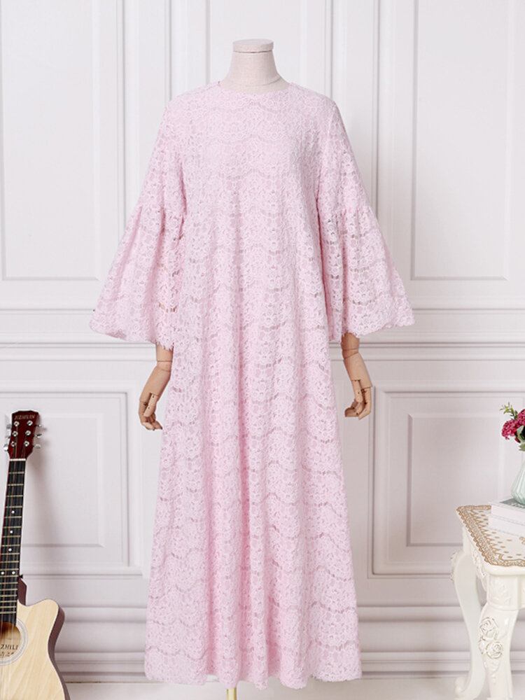 Kvinder Abaya Kaftan Lace Patchwork Falre Ærmer Ankellængde Casual Midi-kjoler