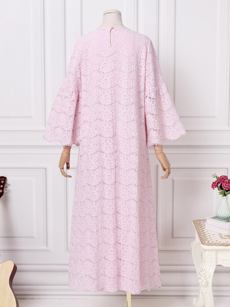 Kvinder Abaya Kaftan Lace Patchwork Falre Ærmer Ankellængde Casual Midi-kjoler