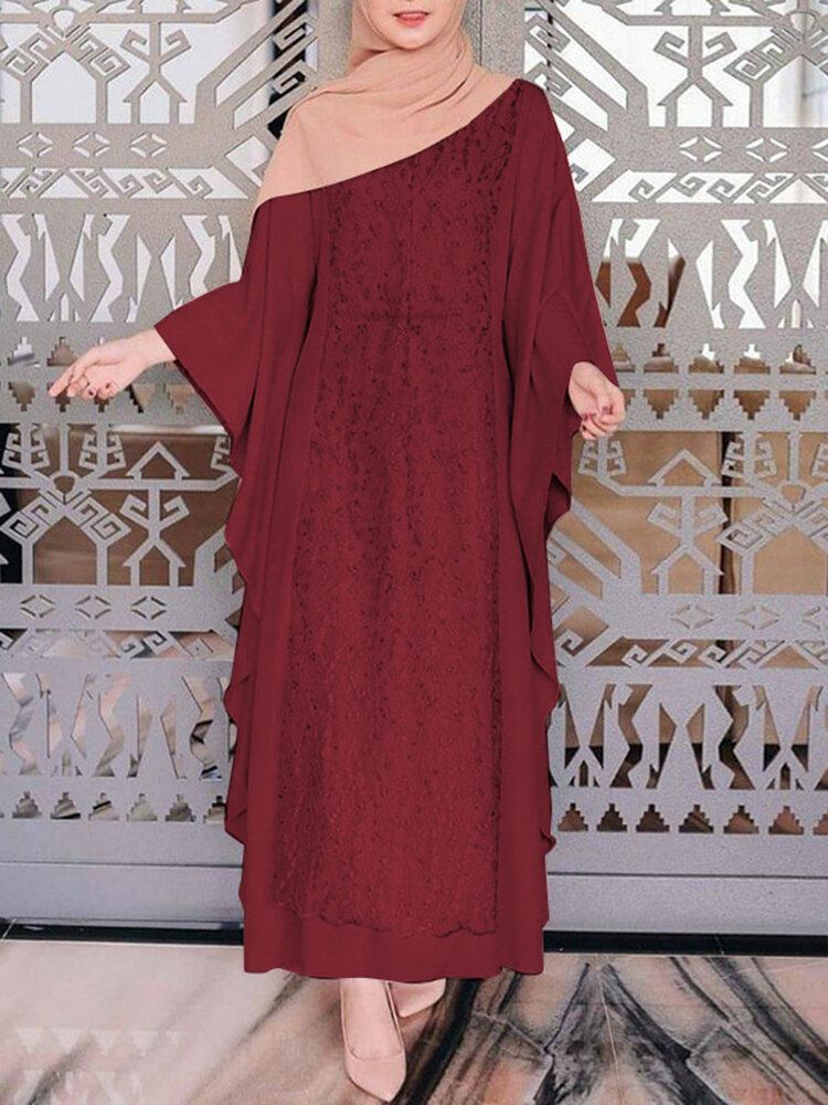 Kvinder Langærmet Blonde Patchwork Bat Sleeve Kaftan Tunika Ensfarvet Plet Midi Kjoler