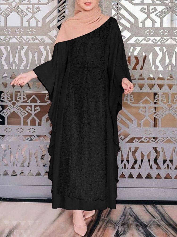 Kvinder Langærmet Blonde Patchwork Bat Sleeve Kaftan Tunika Ensfarvet Plet Midi Kjoler