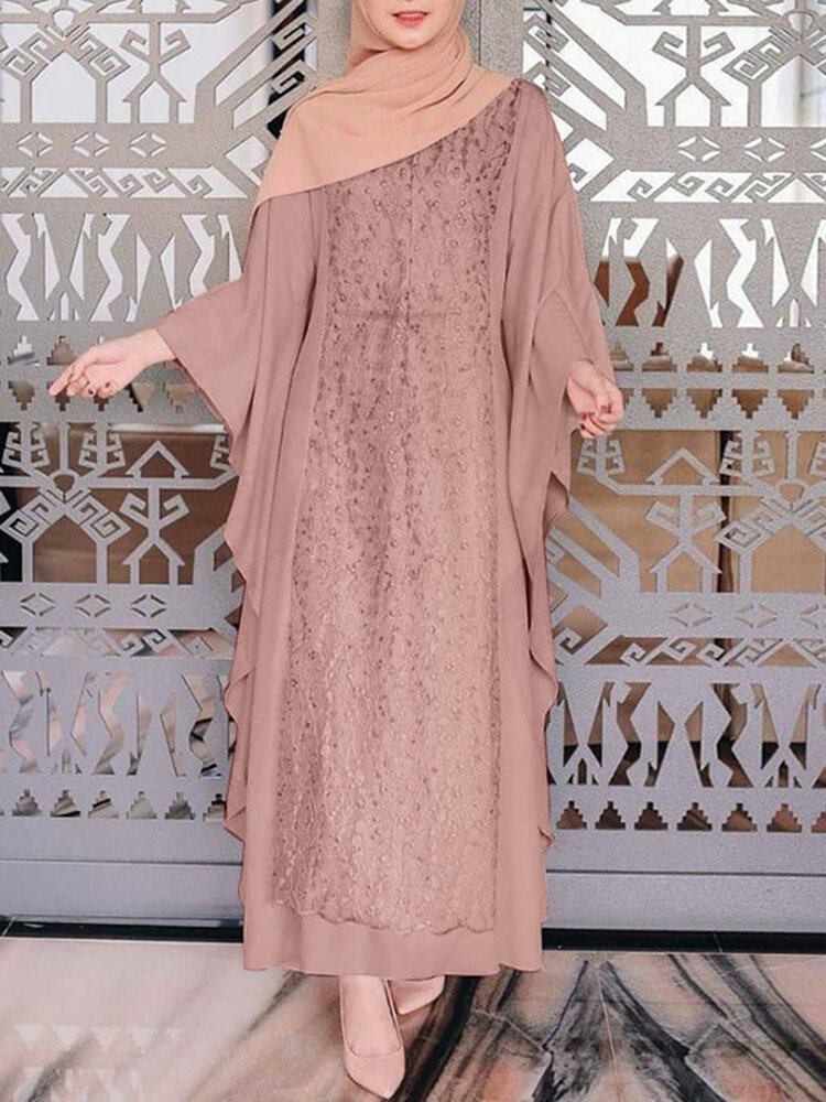 Kvinder Langærmet Blonde Patchwork Bat Sleeve Kaftan Tunika Ensfarvet Plet Midi Kjoler