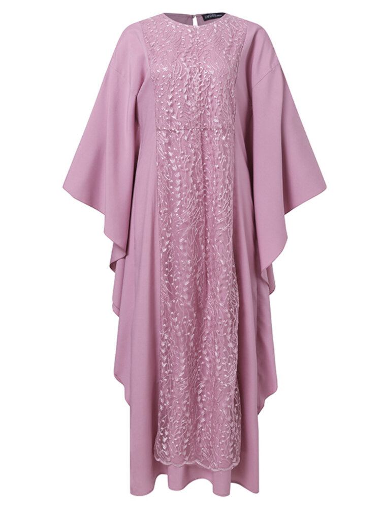 Kvinder Langærmet Blonde Patchwork Bat Sleeve Kaftan Tunika Ensfarvet Plet Midi Kjoler