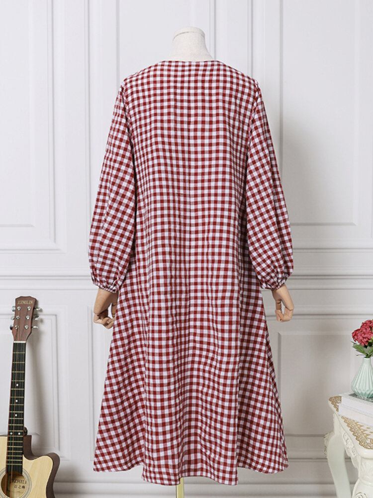 Kvinder Plaid Puff Langærmet Casual V-hals Midikjole