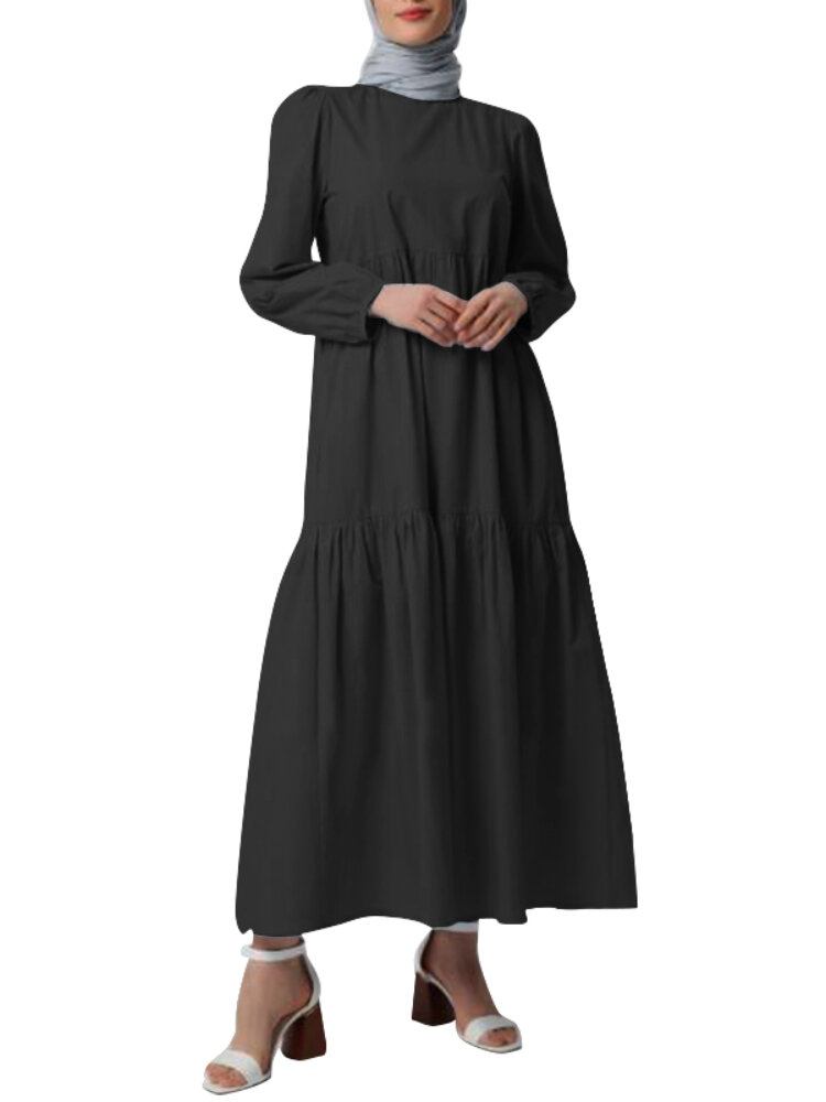 Kvinder Solid Crew Neck Layered Back Buttons Abaya Kaftan Dress