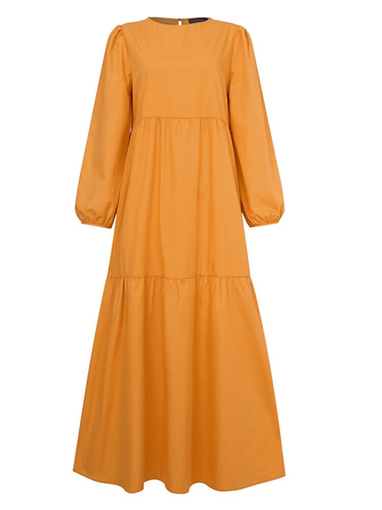 Kvinder Solid Crew Neck Layered Back Buttons Abaya Kaftan Dress